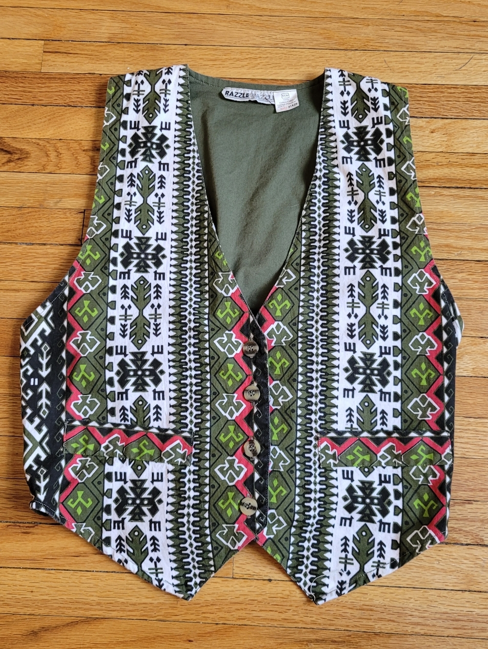 Vintage 90s Tribal Inspired Geometric Vest Women's Medium Cotton Green White Red